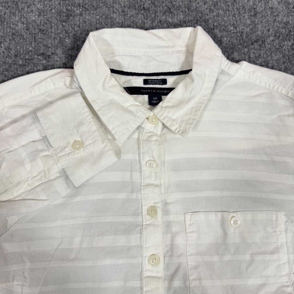 Tommy Hilfiger Boyfriend Fit Button Down Shirt Womens S White Cotton Striped EUC